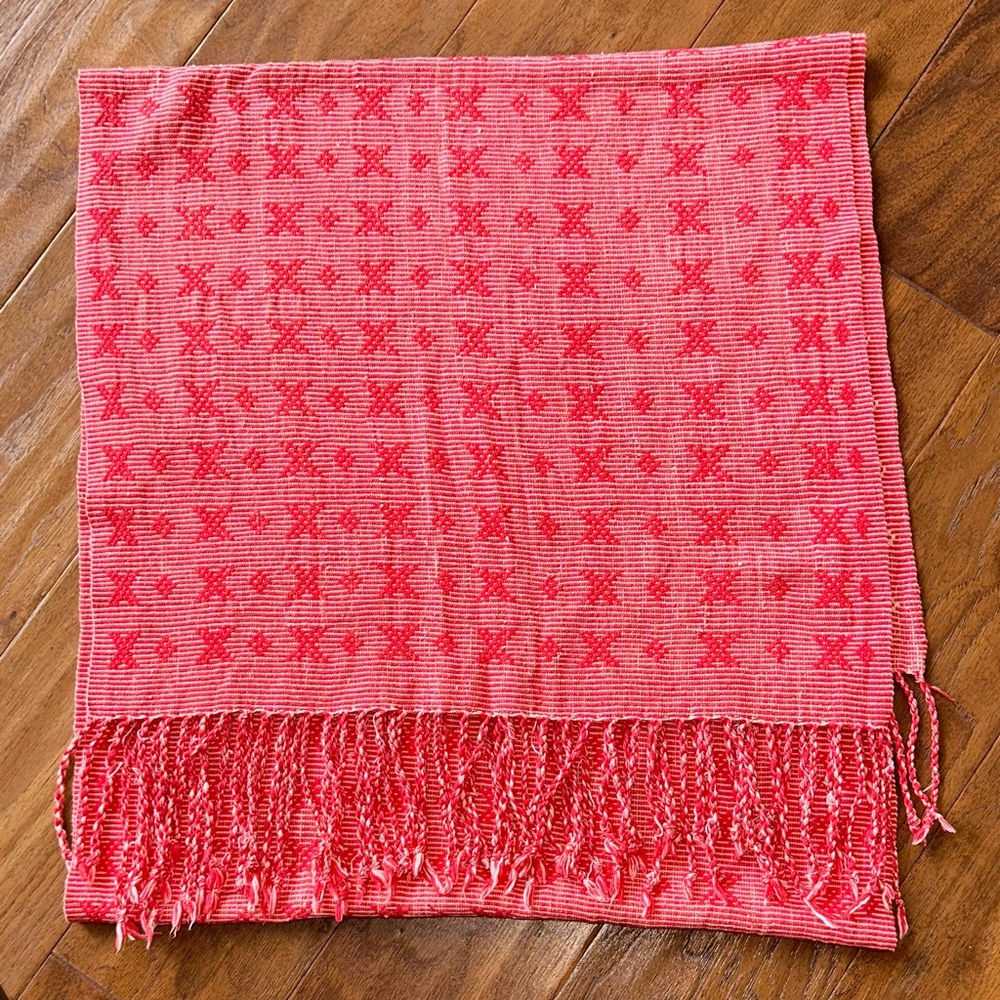 Vintage Red Patterned Scarf with Fringe